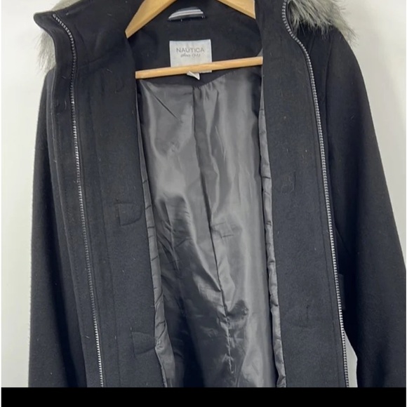 NAUTICA Black WITH GRAY FUR WOOL PARKA TOGGLE TUSK BUTTON PENNY LANE COAT M - Picture 9 of 10